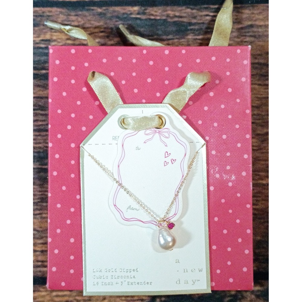 A New Day 14k Gold Dipped Pearl Cubic Zirconia Necklace Pink Gift Bag 16-19 Inch